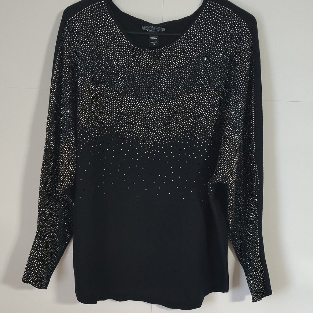 Black Rhinestone Embellished Long-Sleeve Sweater Top. J